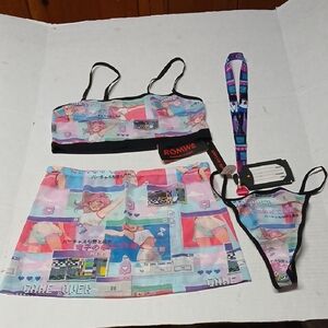 Rave Anime Girl Mesh Set Crop Top Mini Skirt Thong + Lanyard E-Girl Digitalcore